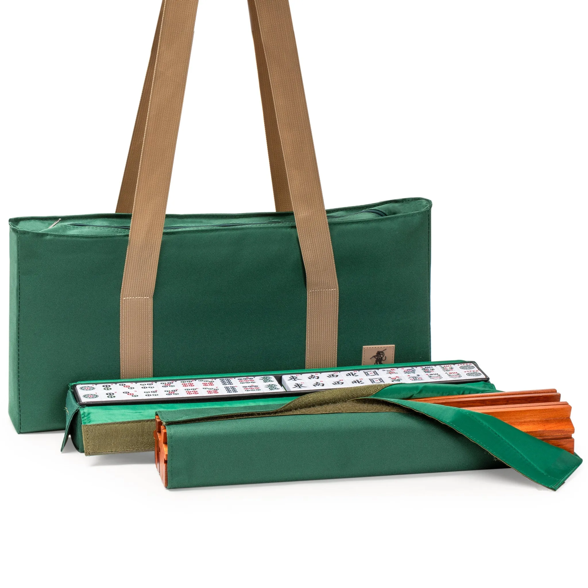 American Mahjong Set, "Huntington" with Mineral Green Soft Case - Racks with Pushers, Scoring Coins, Dice, & Wind Indicator