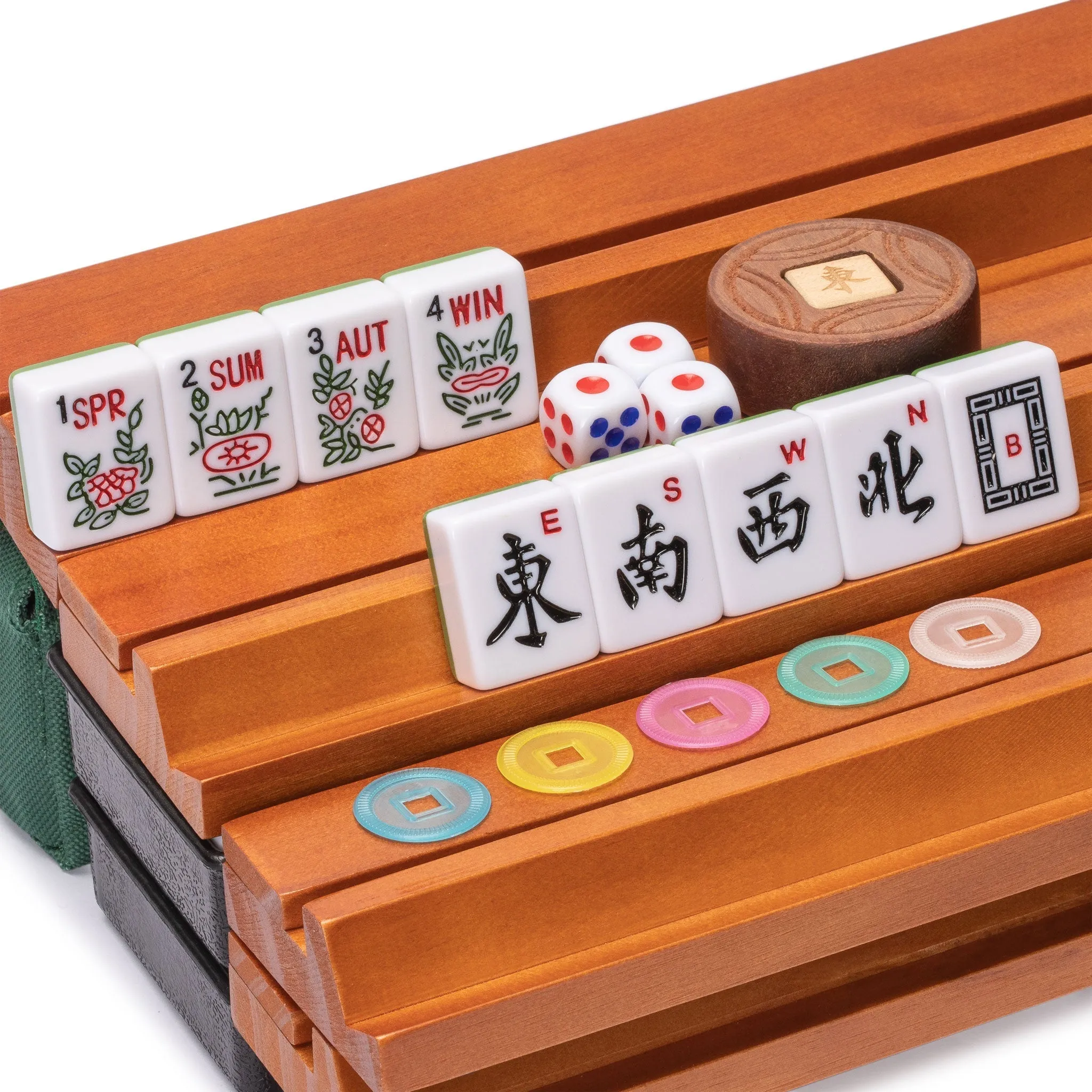 American Mahjong Set, "Huntington" with Mineral Green Soft Case - Racks with Pushers, Scoring Coins, Dice, & Wind Indicator