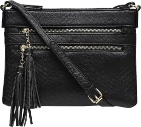 B BRENTANO Vegan Multi-Zipper Crossbody Handbag Purse with Tassel Accents