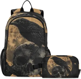 Backpack with Lunch Box Gothic Raven Skull Moon Daypack Shoulder Bag with Lunch Bag Set for Women Men Book Bag with Laptop Compartment and Insulated Lunch Bag