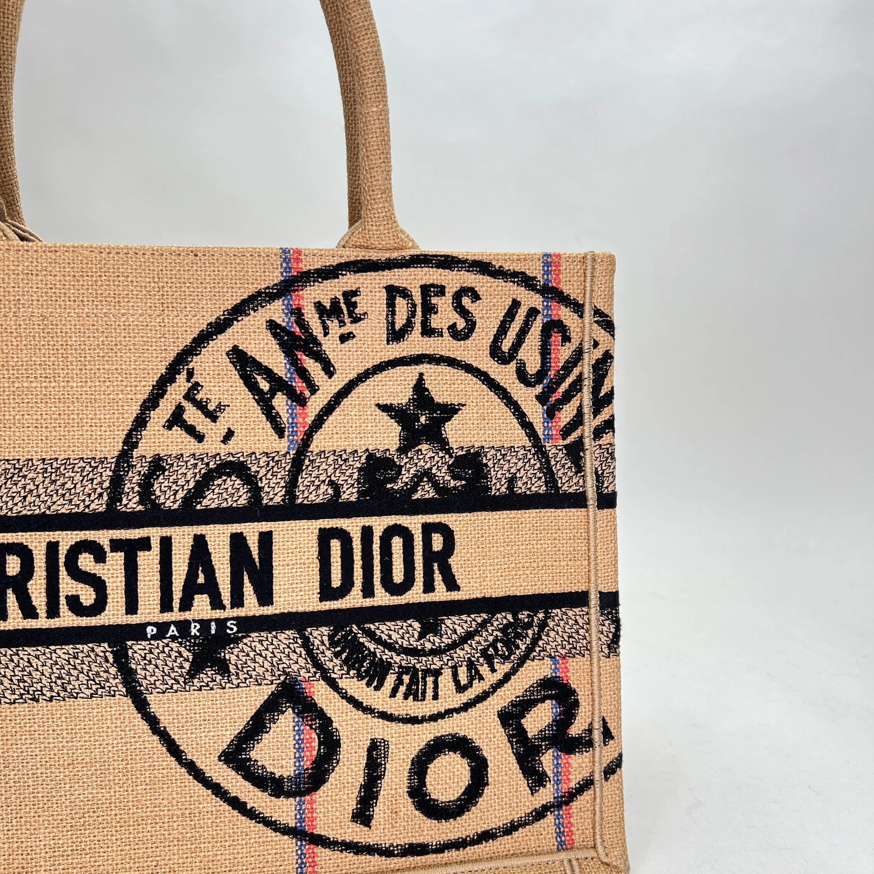 Book Tote Jute Embroidered Medium Brown Tote Bag in Canvas