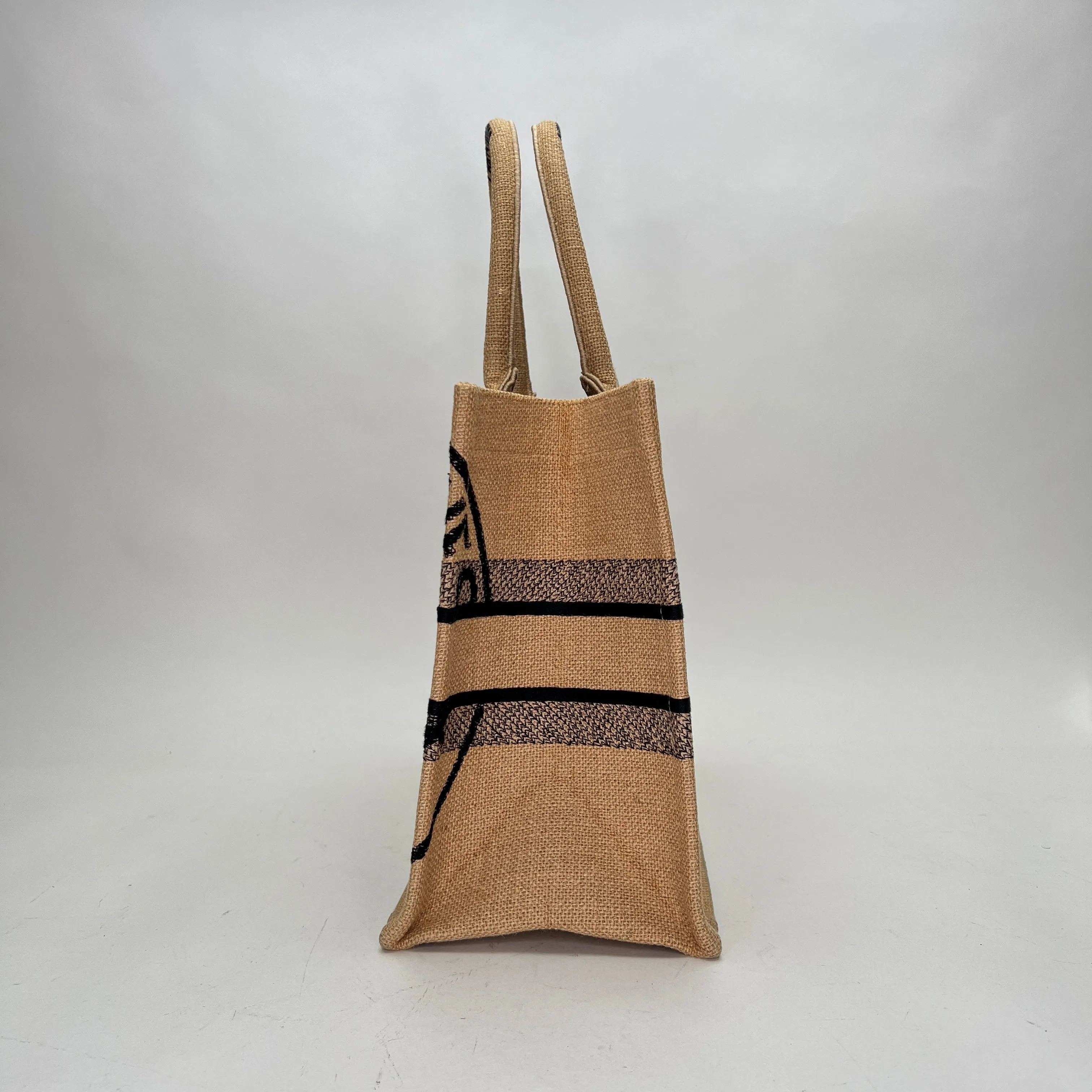 Book Tote Jute Embroidered Medium Brown Tote Bag in Canvas