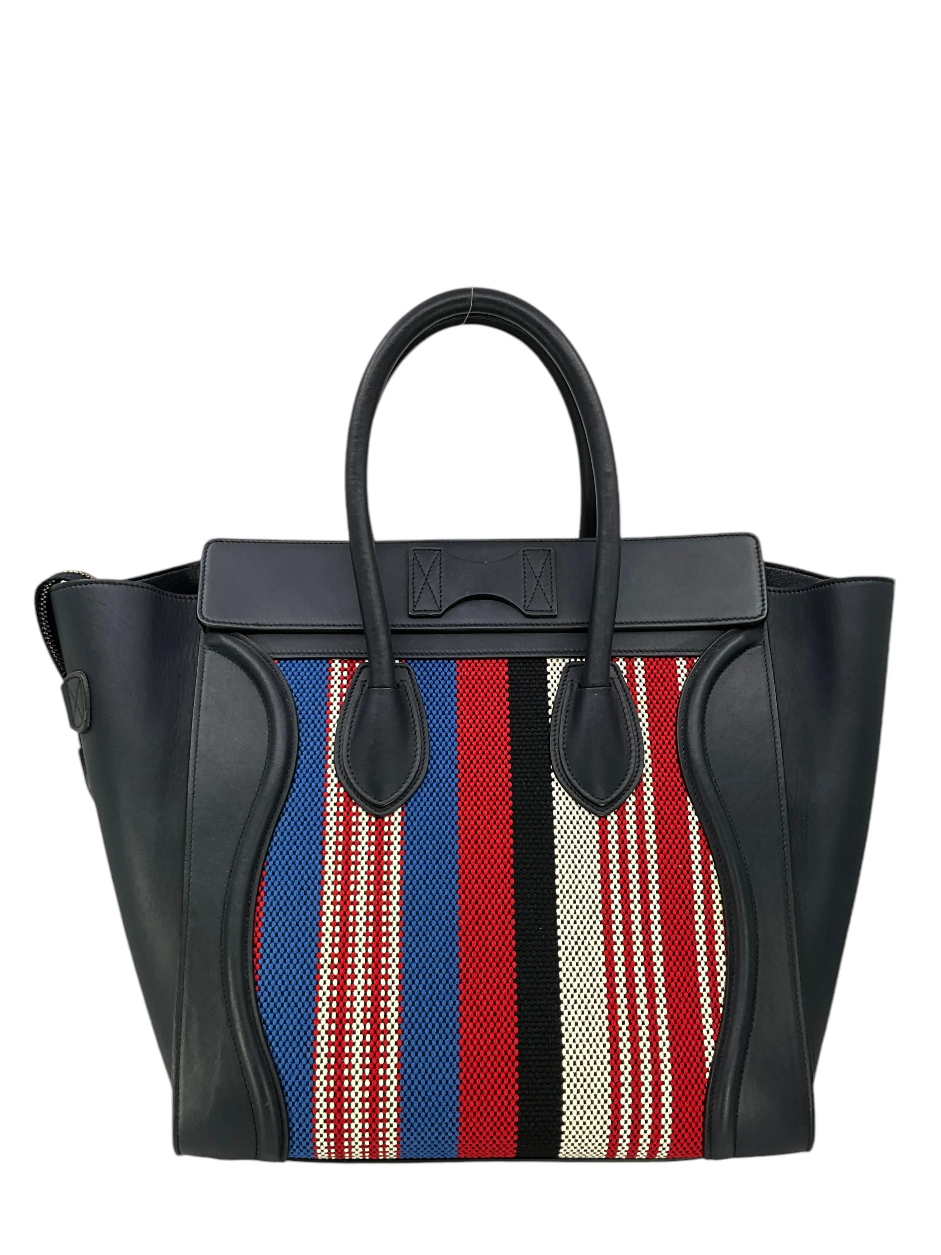 Celine Mini Luggage Calfskin Leather and Striped Canvas Tote Bag