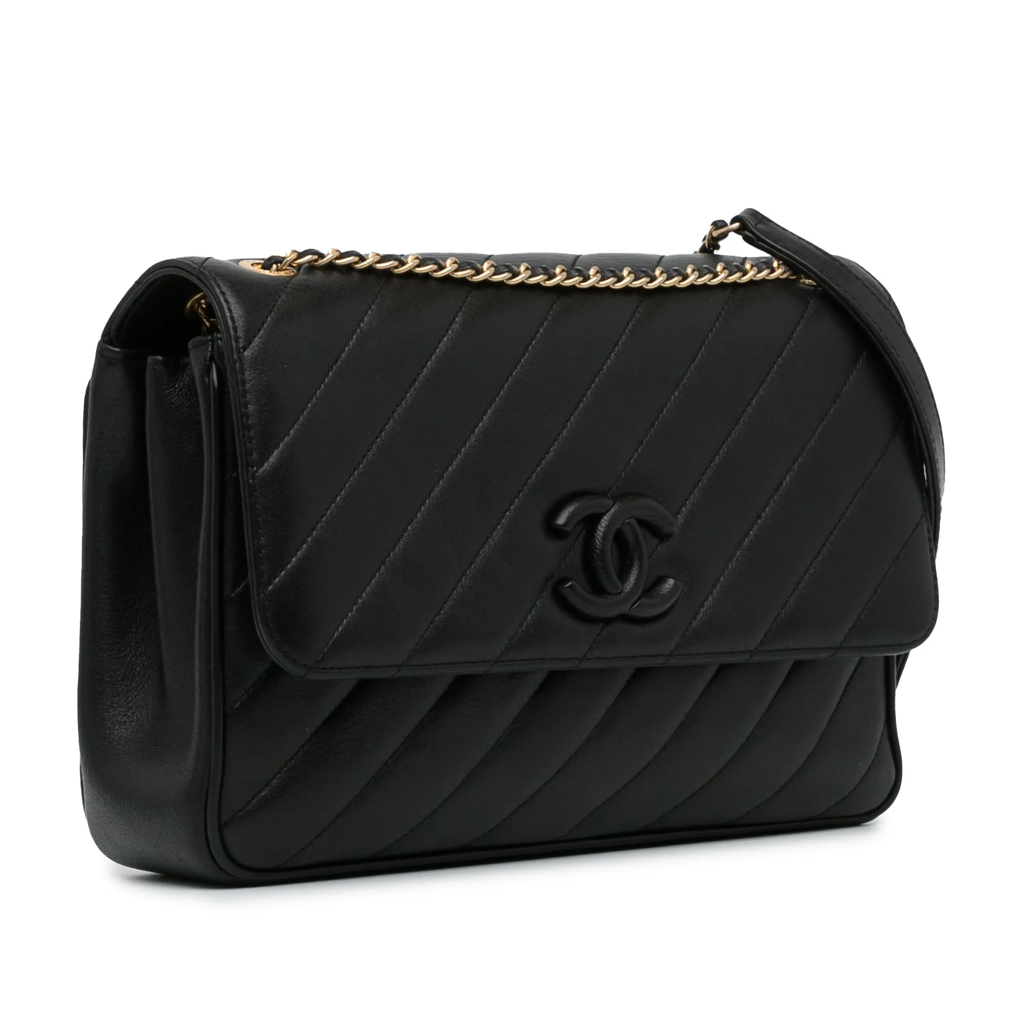 Chanel CC Single Flap Black Diagonal Quilted Calfskin Gold