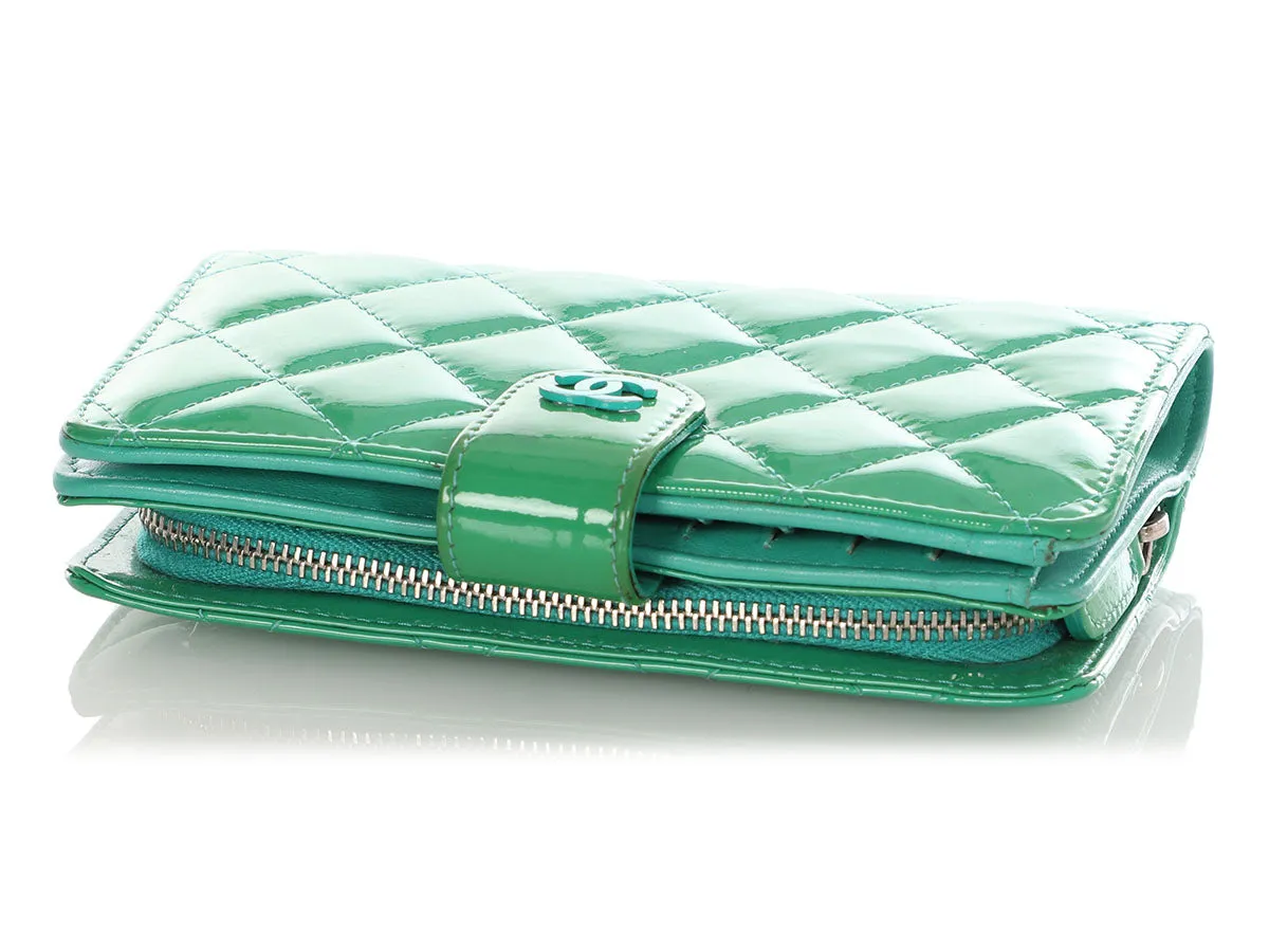Chanel Green Quilted Patent L-Zip Pocket Wallet