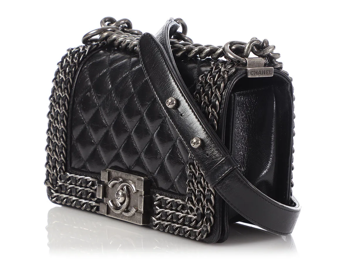 Chanel Small Black Quilted Shiny Calfskin Chain-Embellished Boy Bag