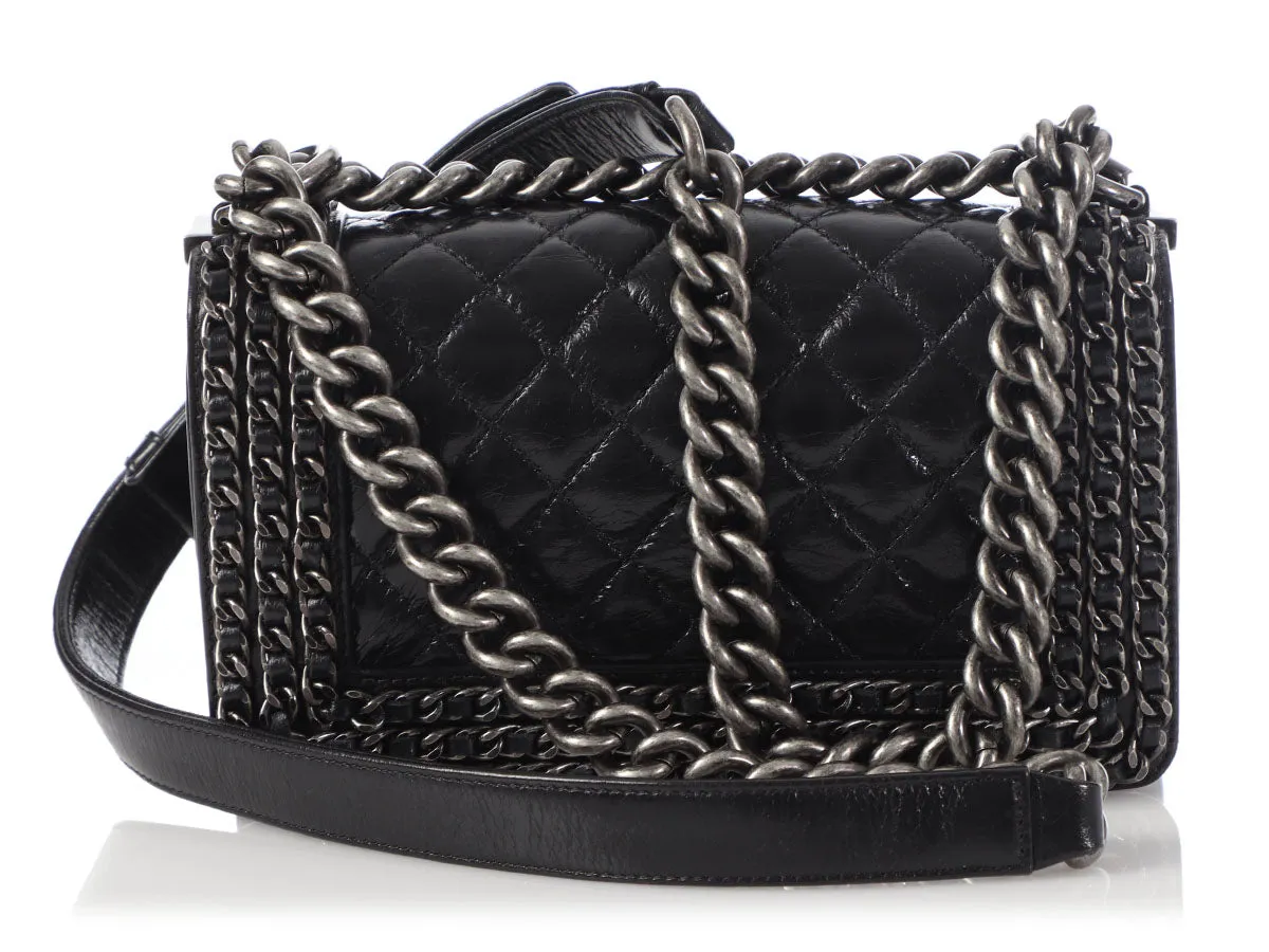 Chanel Small Black Quilted Shiny Calfskin Chain-Embellished Boy Bag