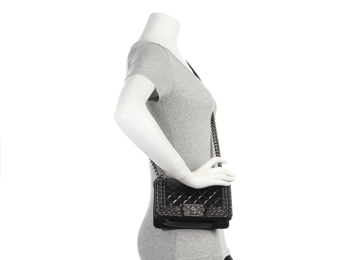 Chanel Small Black Quilted Shiny Calfskin Chain-Embellished Boy Bag