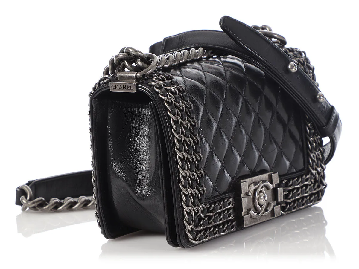 Chanel Small Black Quilted Shiny Calfskin Chain-Embellished Boy Bag
