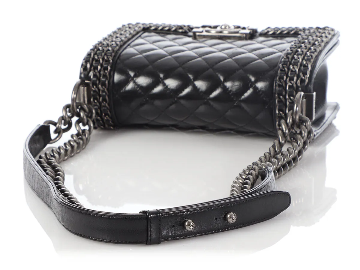 Chanel Small Black Quilted Shiny Calfskin Chain-Embellished Boy Bag