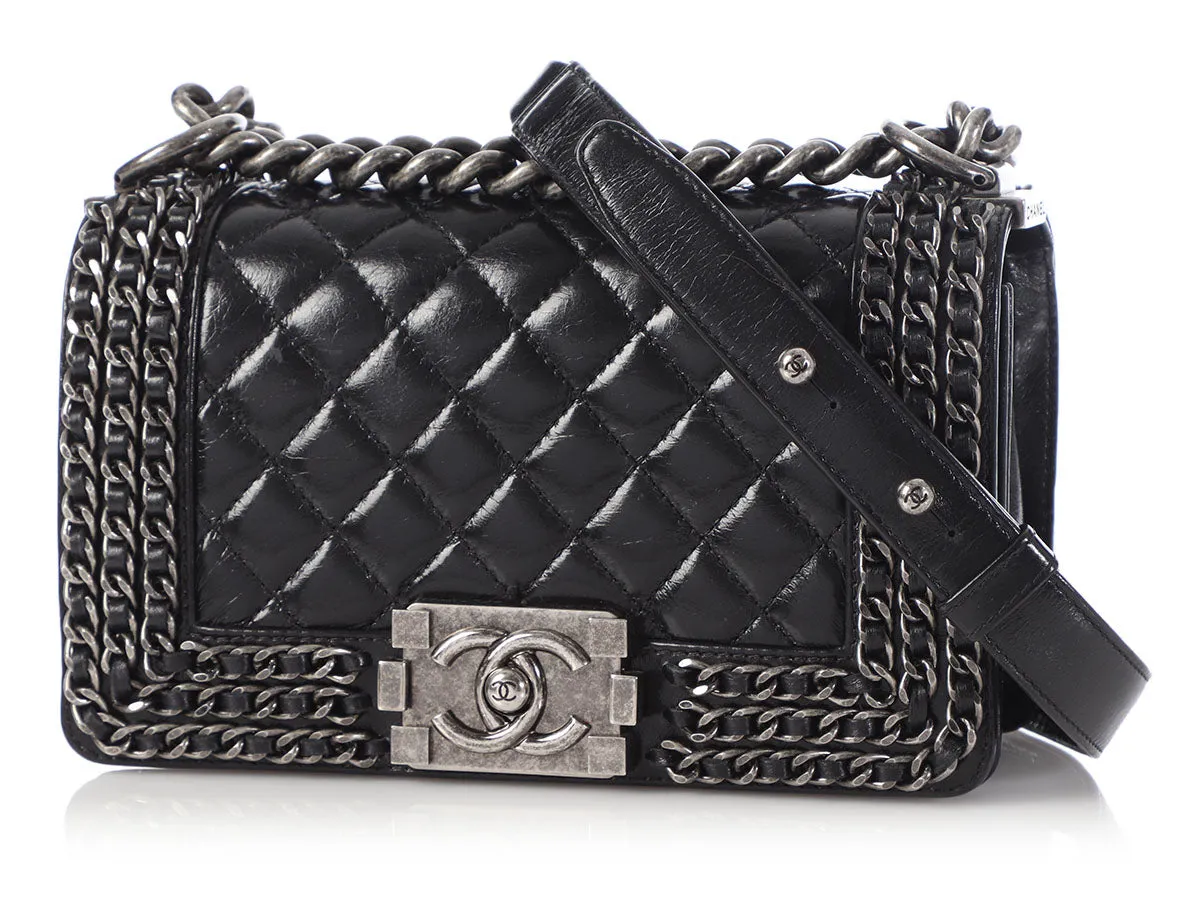Chanel Small Black Quilted Shiny Calfskin Chain-Embellished Boy Bag