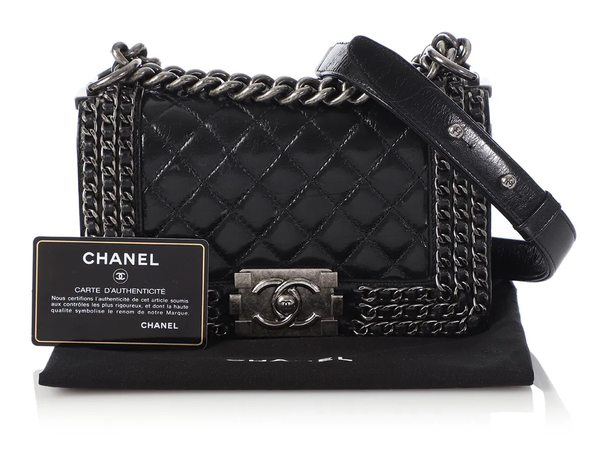 Chanel Small Black Quilted Shiny Calfskin Chain-Embellished Boy Bag