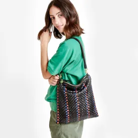 Clare V. - Foldover Clutch w/ Tabs in Black w/ Pacific & Cherry Red Woven Striped Checker