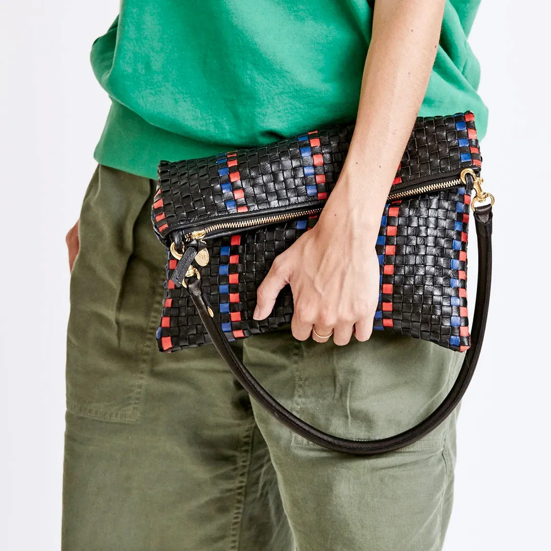 Clare V. - Foldover Clutch w/ Tabs in Black w/ Pacific & Cherry Red Woven Striped Checker