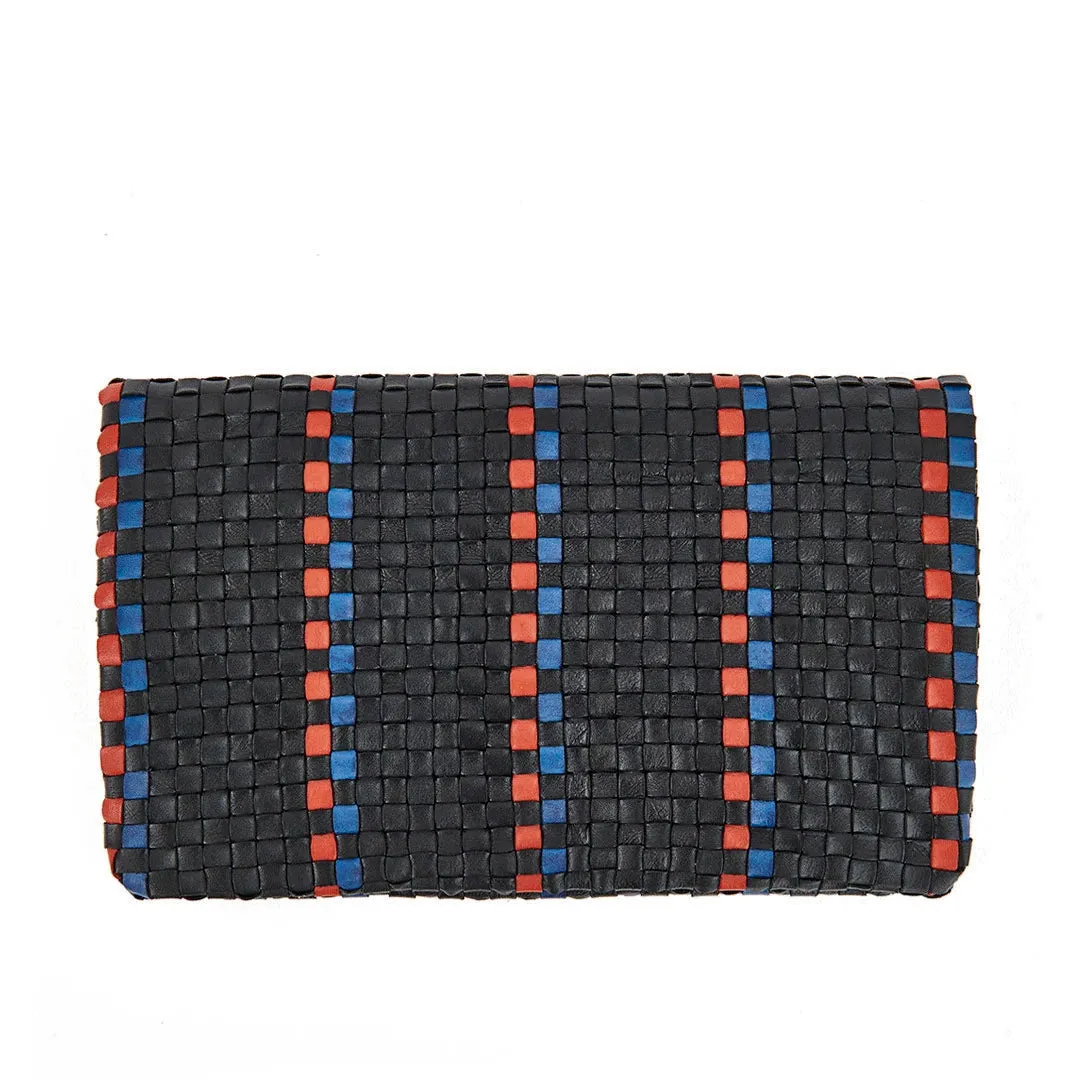 Clare V. - Foldover Clutch w/ Tabs in Black w/ Pacific & Cherry Red Woven Striped Checker