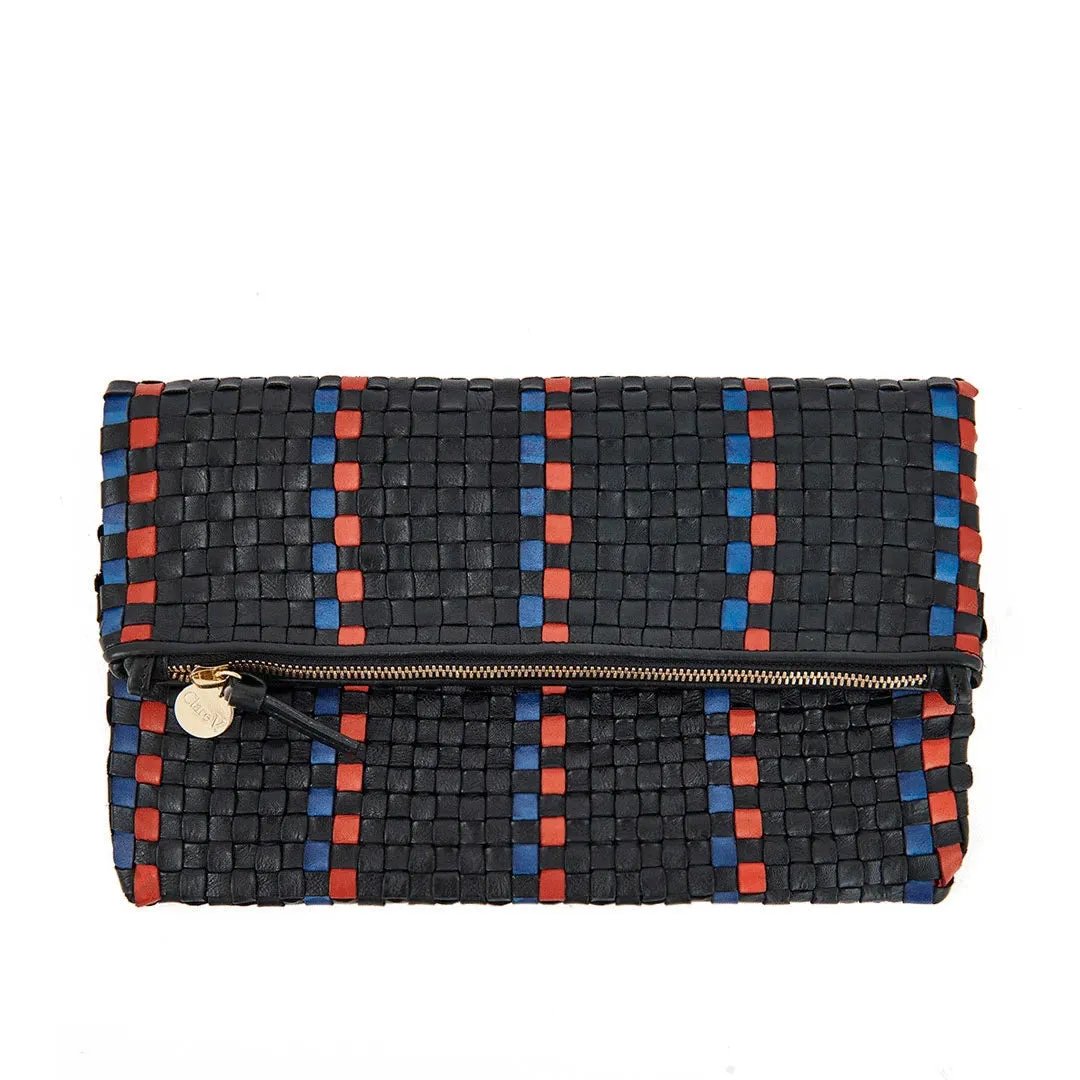 Clare V. - Foldover Clutch w/ Tabs in Black w/ Pacific & Cherry Red Woven Striped Checker