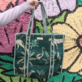Cotton Quilted Indian Tote Bag Green Jungle