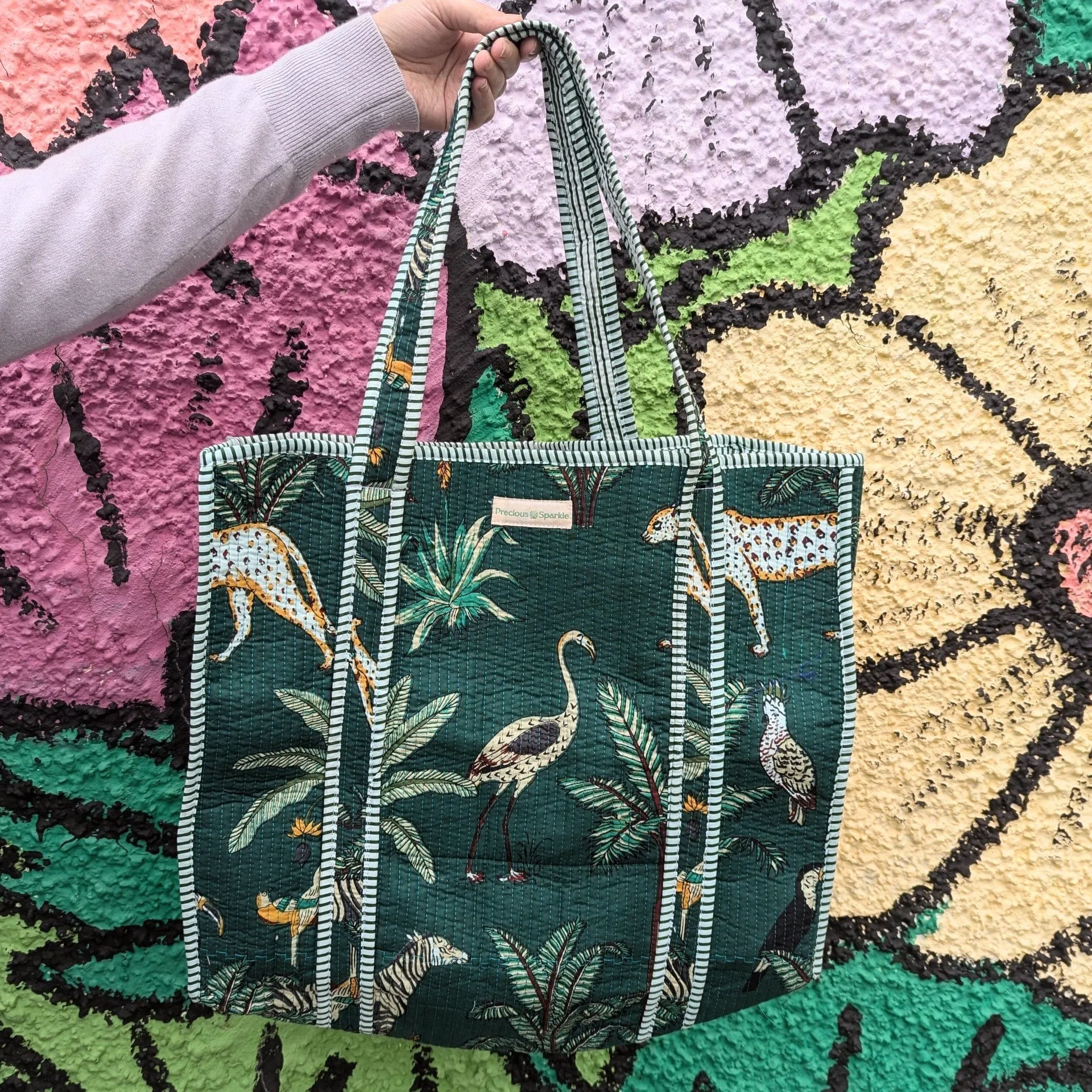 Cotton Quilted Indian Tote Bag Green Jungle