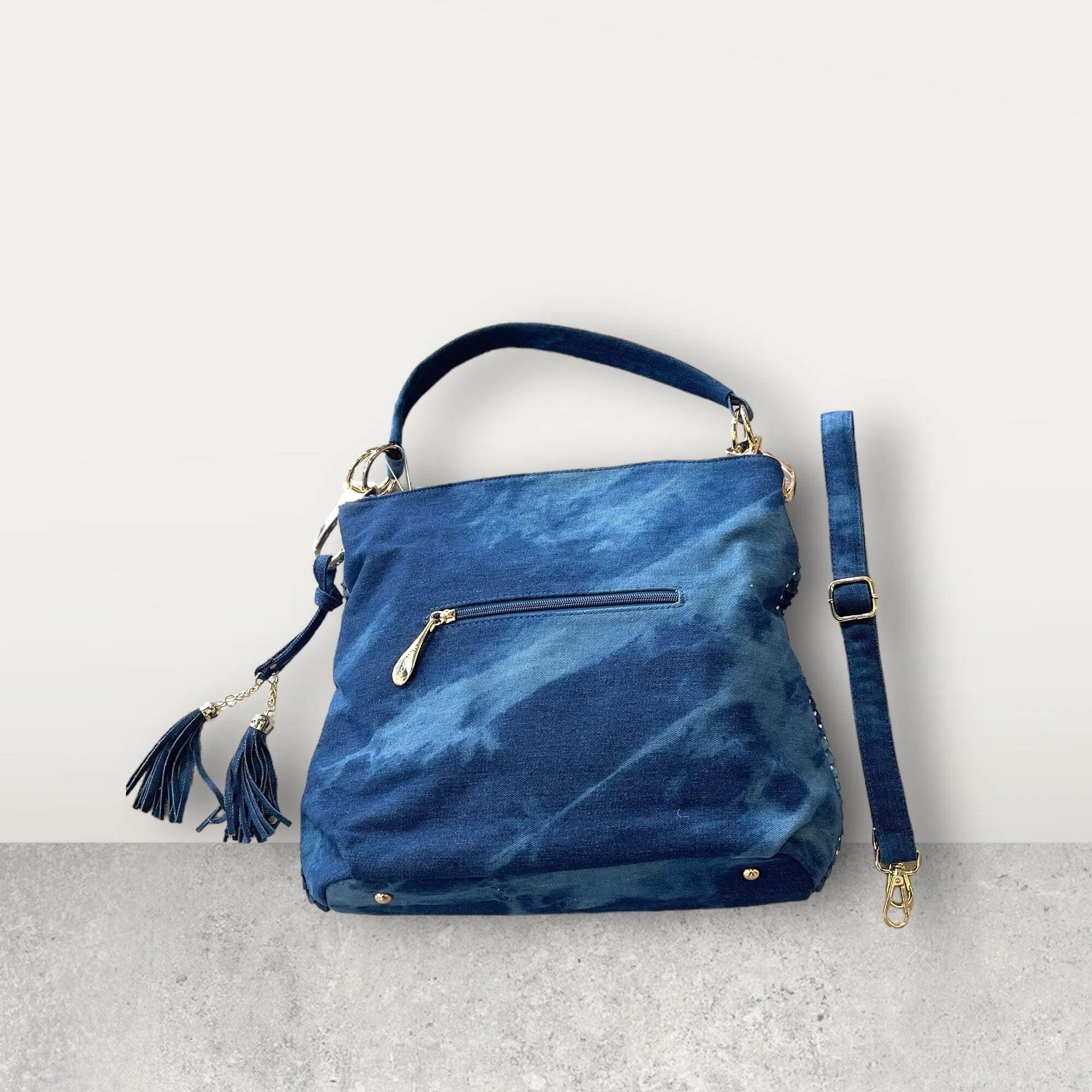CRYSTAL EMBELLISHED DENIM HANDBAG