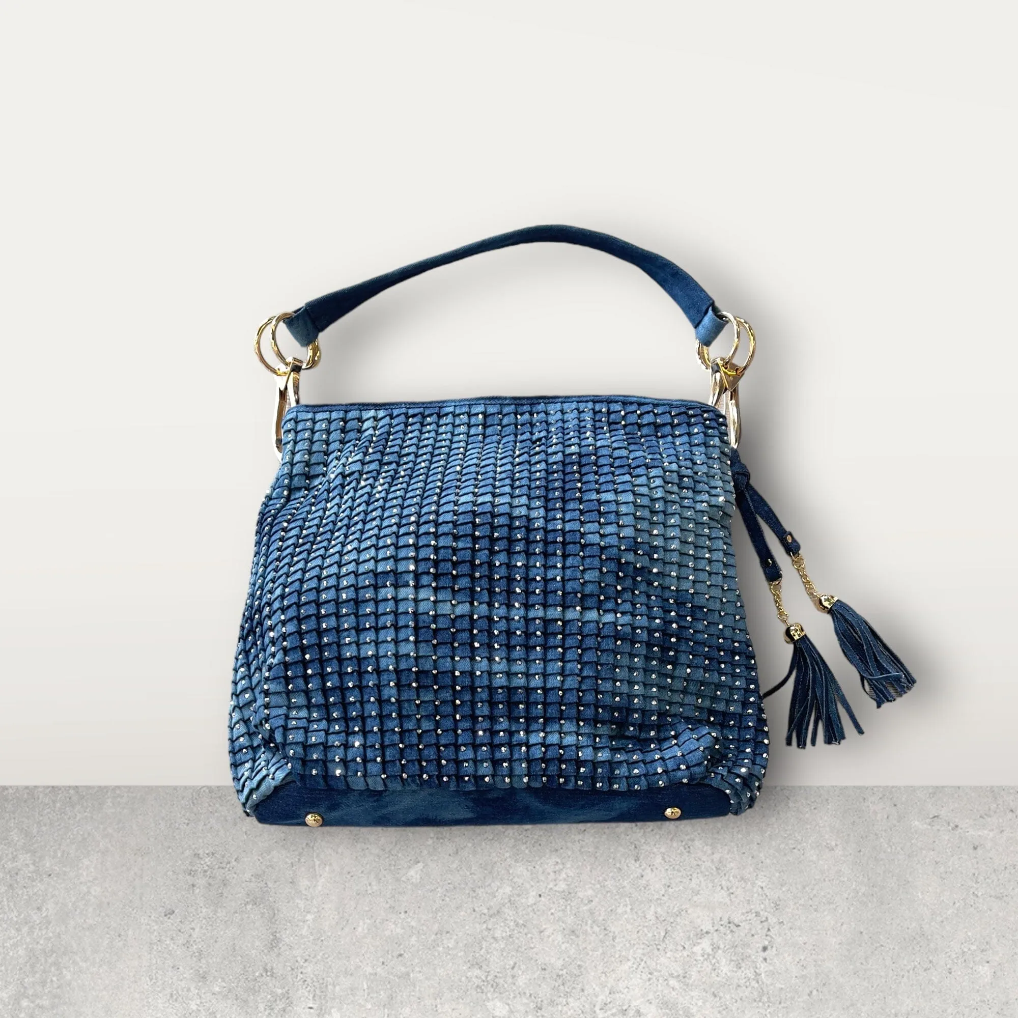 CRYSTAL EMBELLISHED DENIM HANDBAG