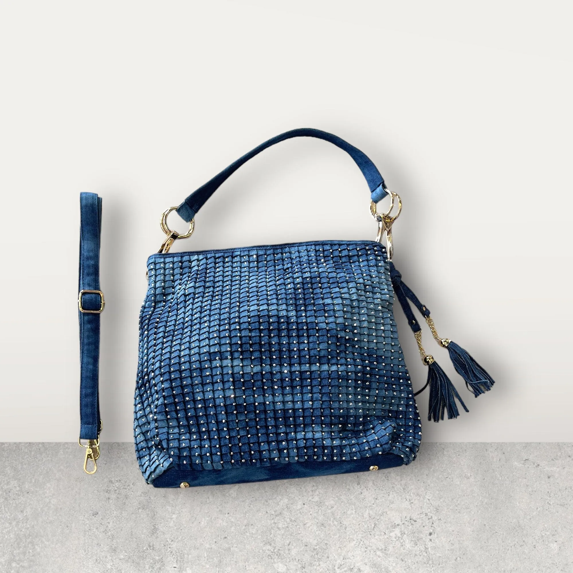CRYSTAL EMBELLISHED DENIM HANDBAG