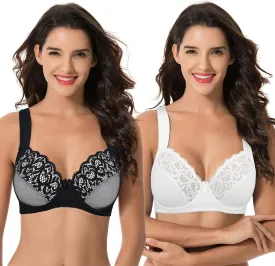 Curve Muse Women's Plus Size Unlined Underwire Lace Bra with Cushion Straps-2PK