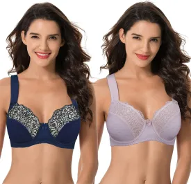 Curve Muse Women's Plus Size Unlined Underwire Lace Bra with Cushion Straps-2PK