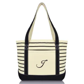 Dalix Striped J-Initial Tote Bag Womens Ballent Letter J