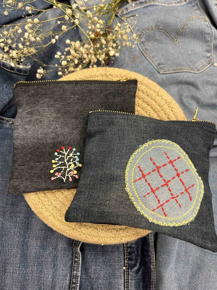 Denim Pouch Combo | Set of 2 | Hand Embroidered