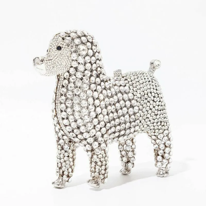 Designer Dog Shaped Crystal Evening Handbag in Golden Beads