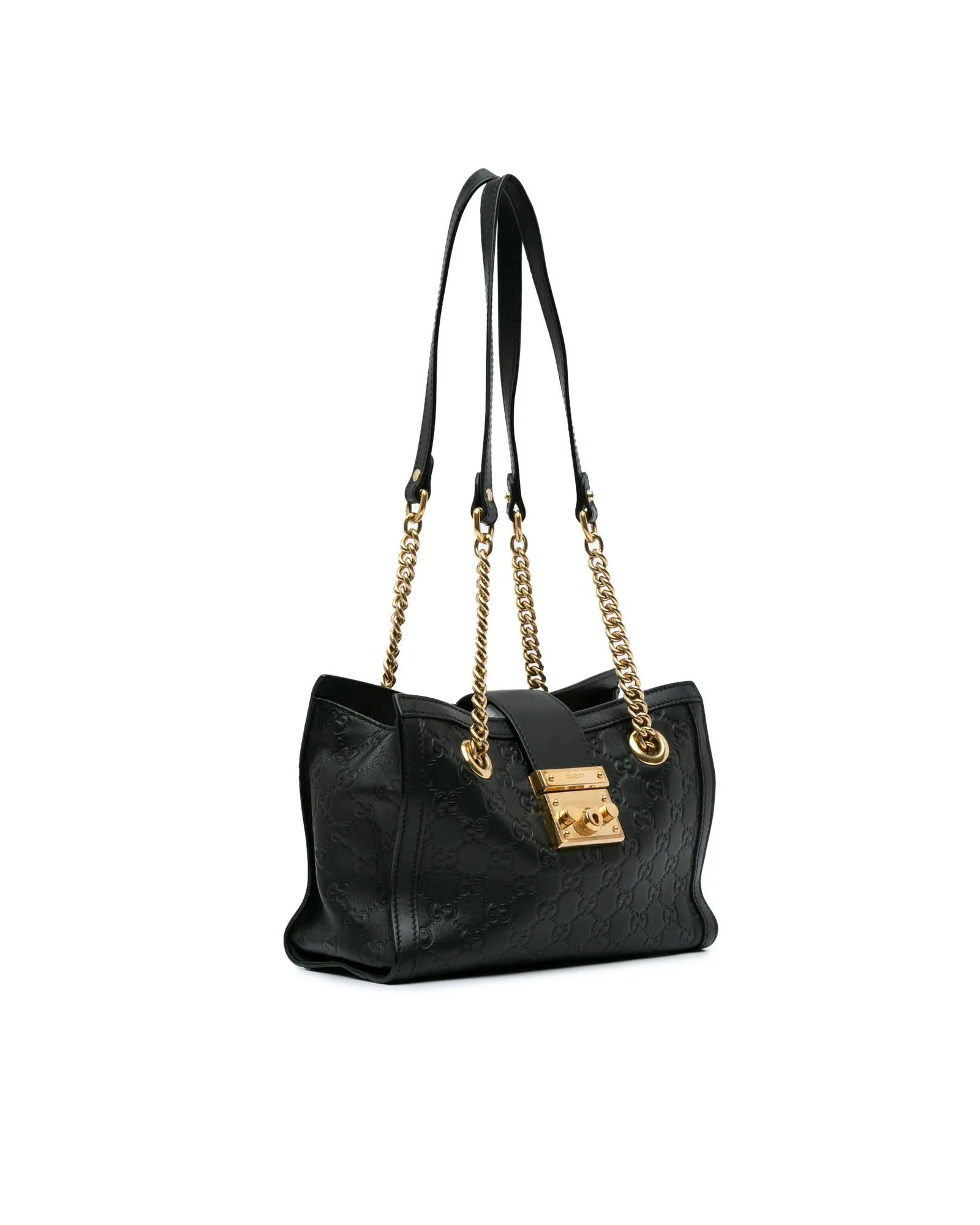 Embossed Leather Padlock Tote with Gold-Tone Chain Straps