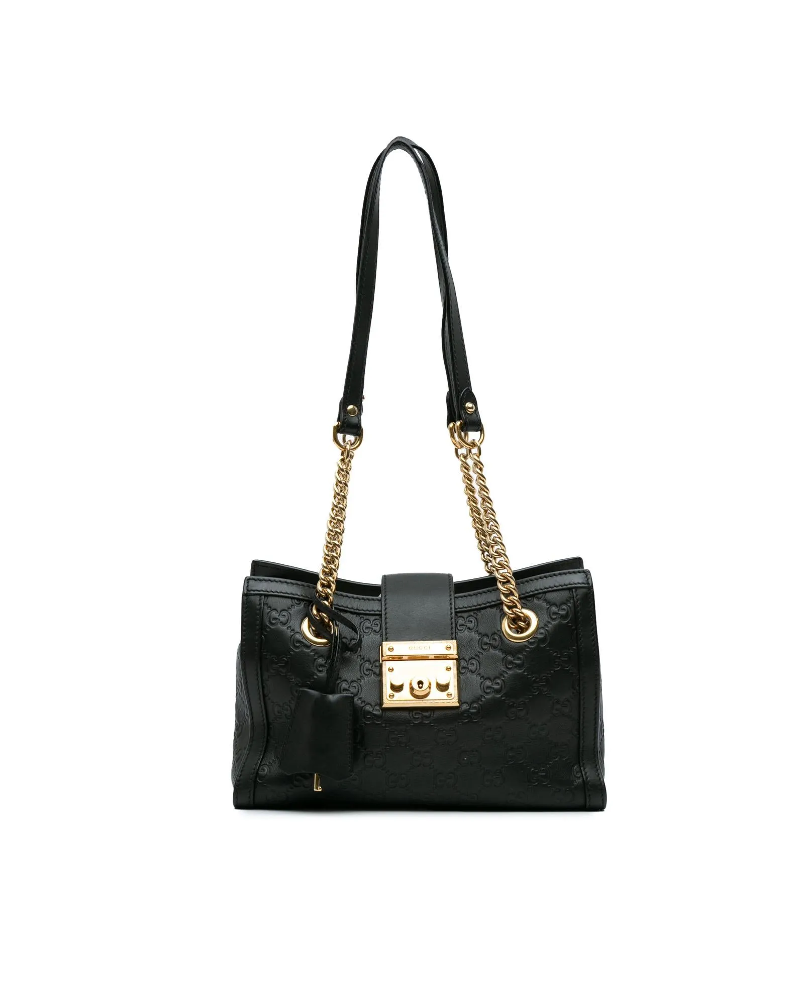 Embossed Leather Padlock Tote with Gold-Tone Chain Straps