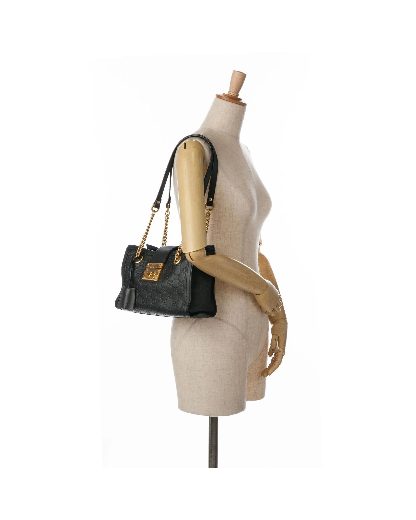 Embossed Leather Padlock Tote with Gold-Tone Chain Straps