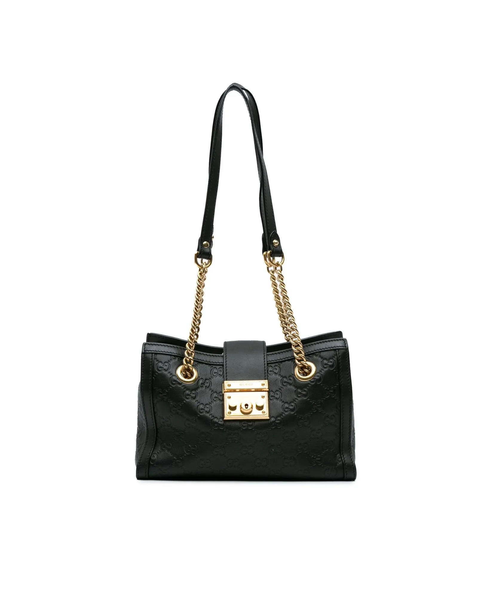 Embossed Leather Padlock Tote with Gold-Tone Chain Straps