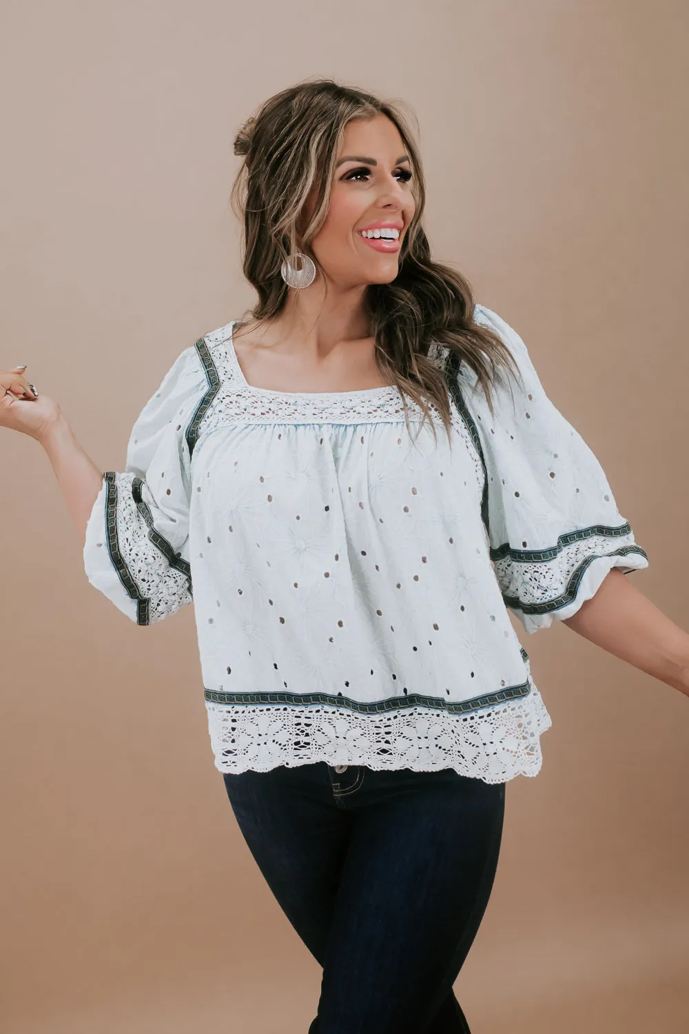 Eyes On Me Eyelet Blouse, Blue