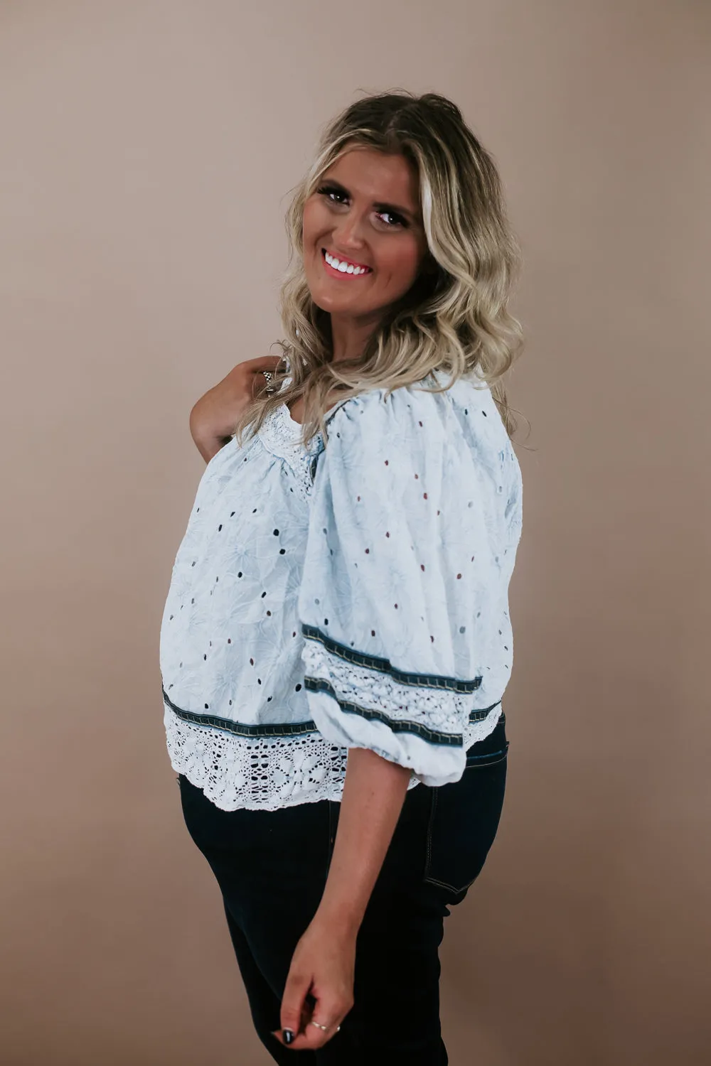 Eyes On Me Eyelet Blouse, Blue