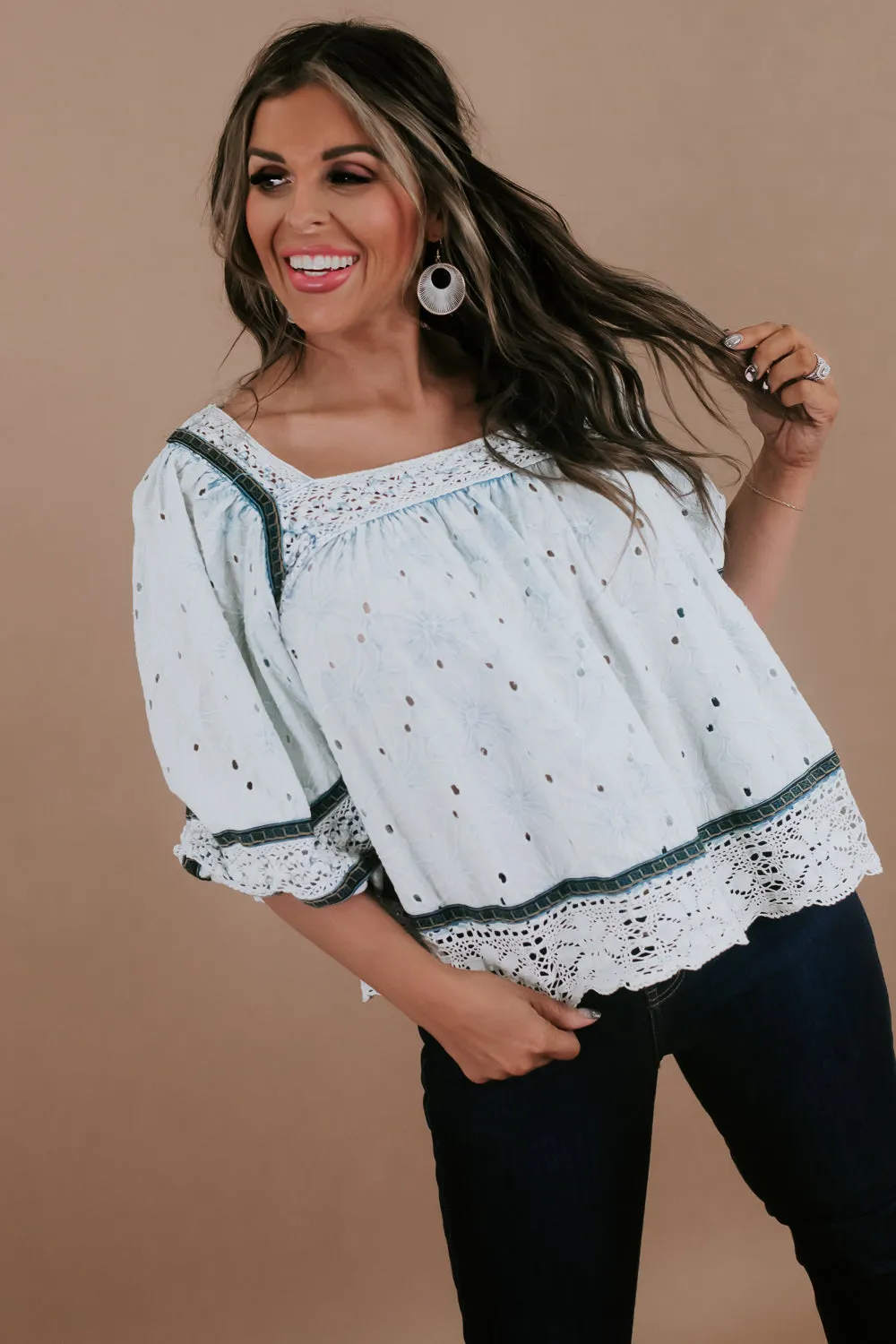 Eyes On Me Eyelet Blouse, Blue