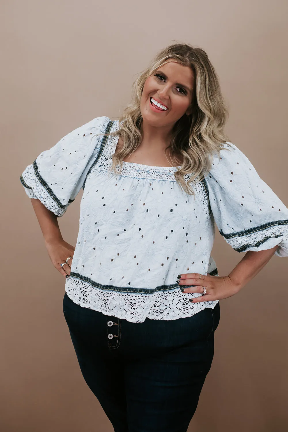 Eyes On Me Eyelet Blouse, Blue