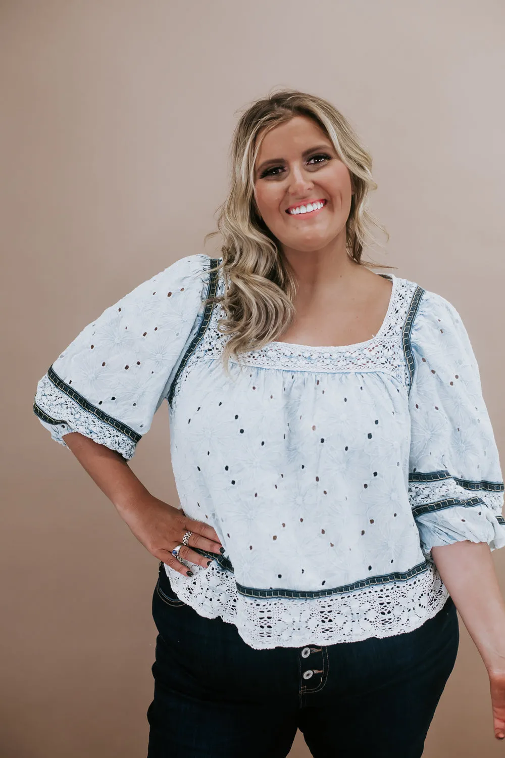 Eyes On Me Eyelet Blouse, Blue