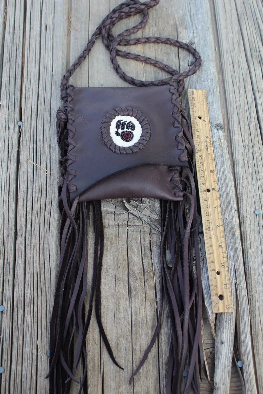 Fringed leather handbag, beaded bear paw bag