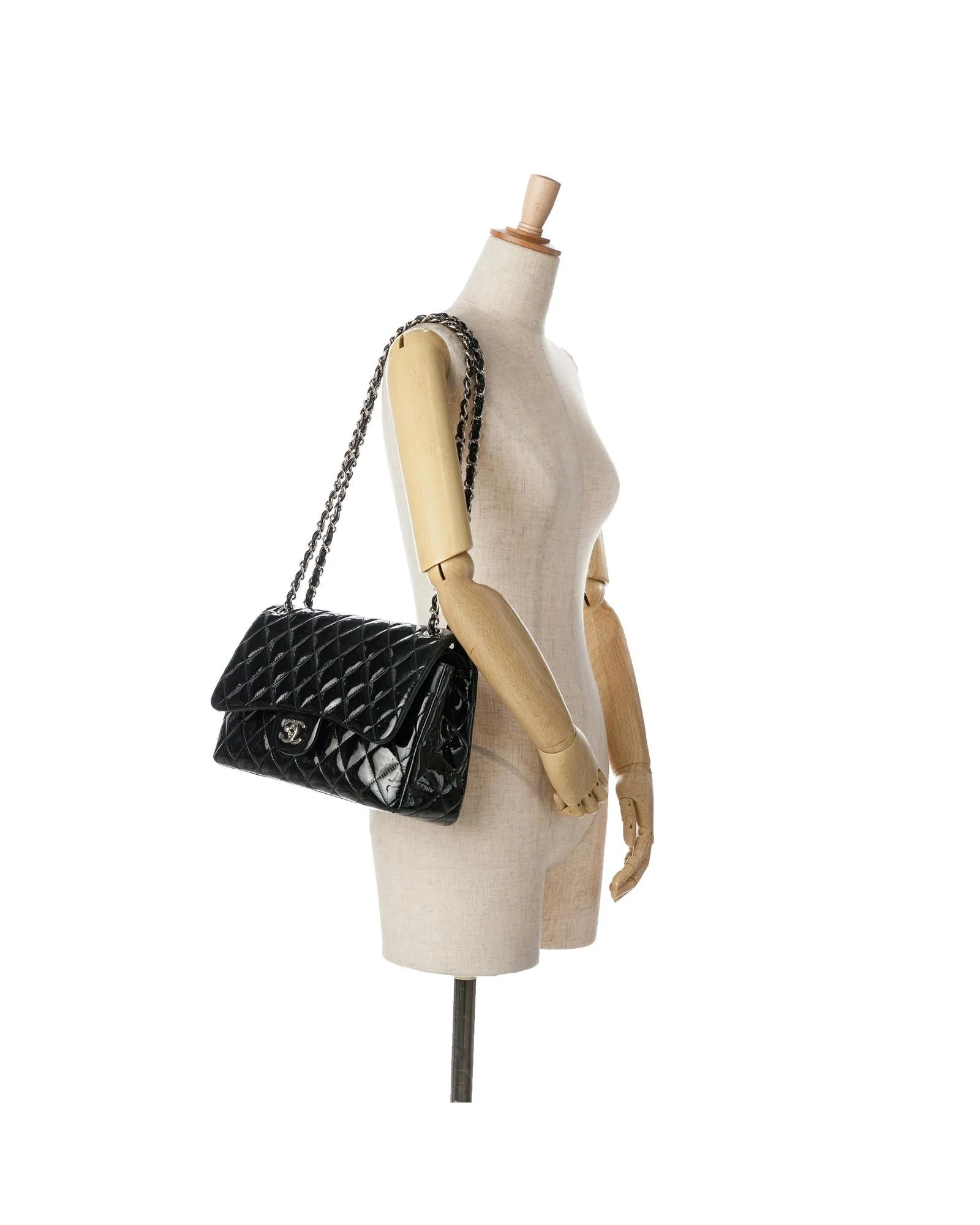 Jumbo Classic Patent Double Flap Bag with Quilted Leather and Chain Straps