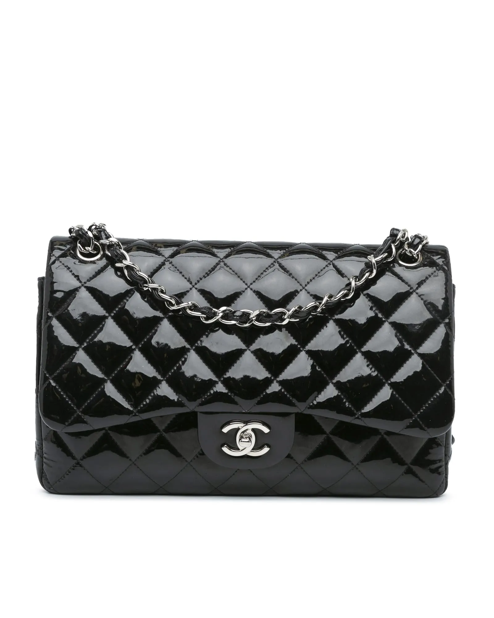 Jumbo Classic Patent Double Flap Bag with Quilted Leather and Chain Straps
