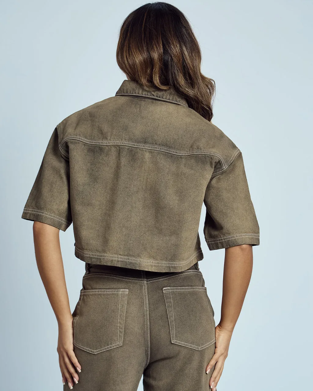 Lacy Acid Wash Cropped Denim Shirt
