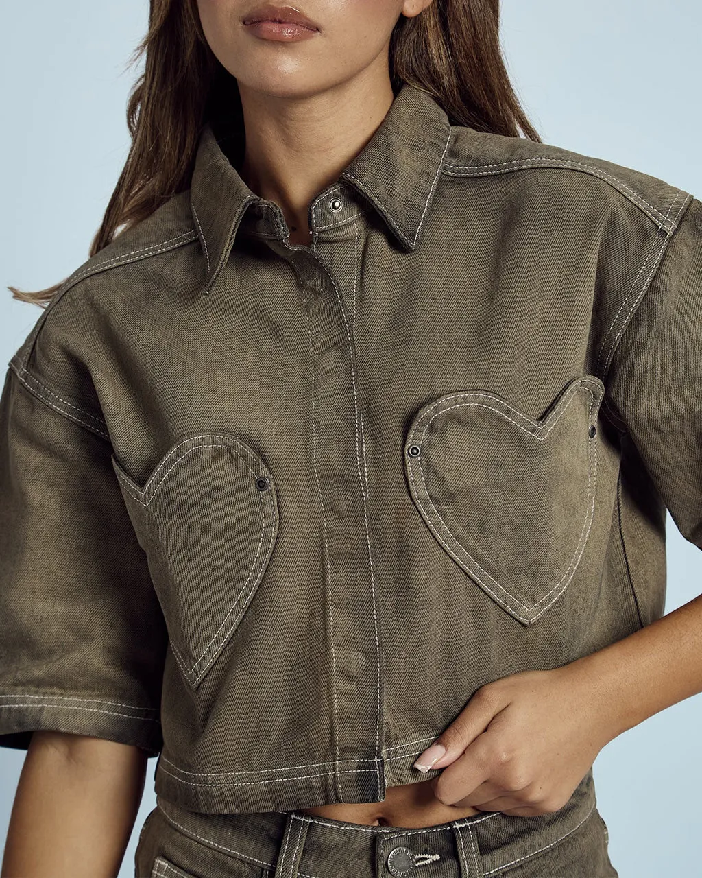 Lacy Acid Wash Cropped Denim Shirt