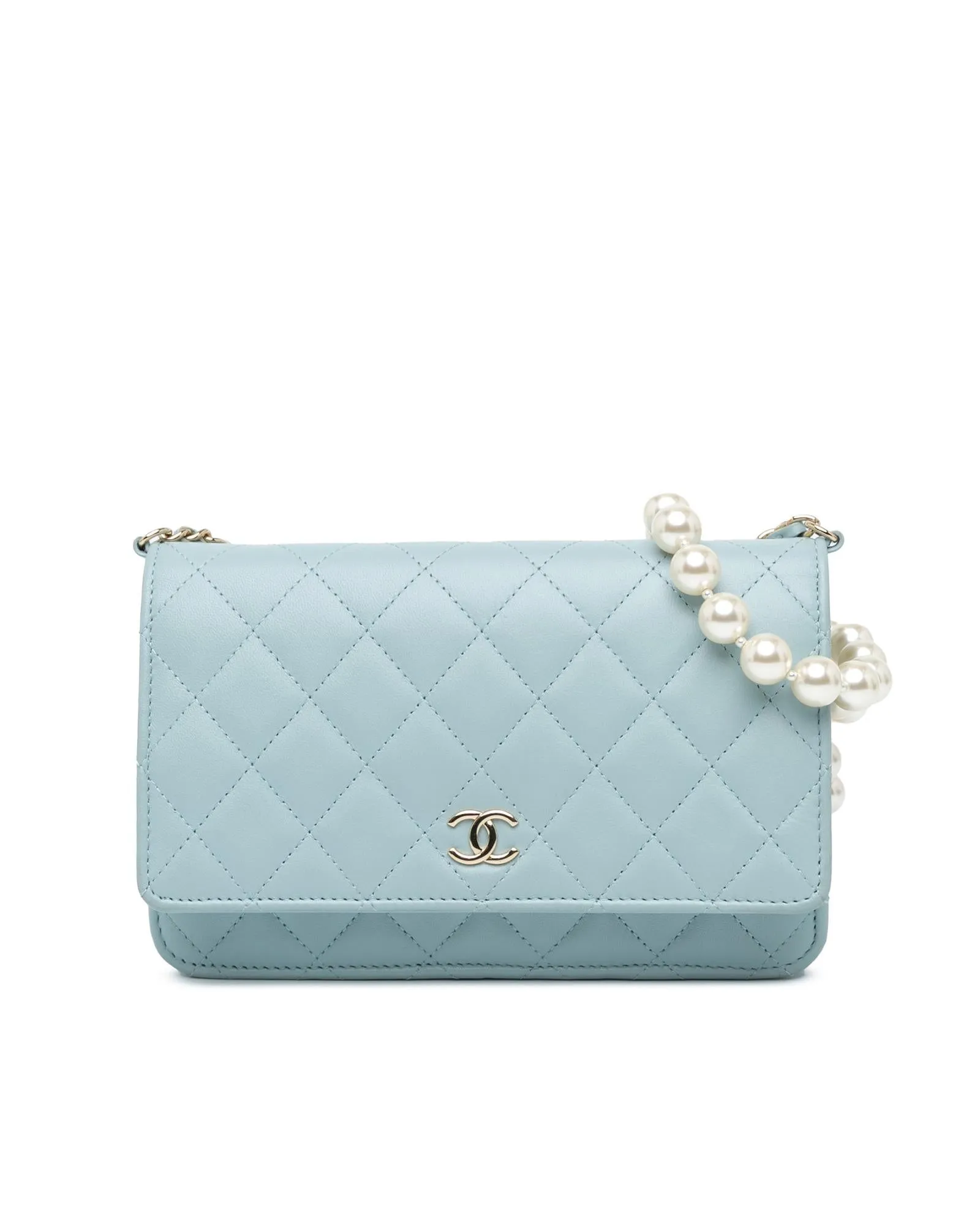 Lambskin Quilted Wallet on Chain with Pearl Strap and Magnetic Closure
