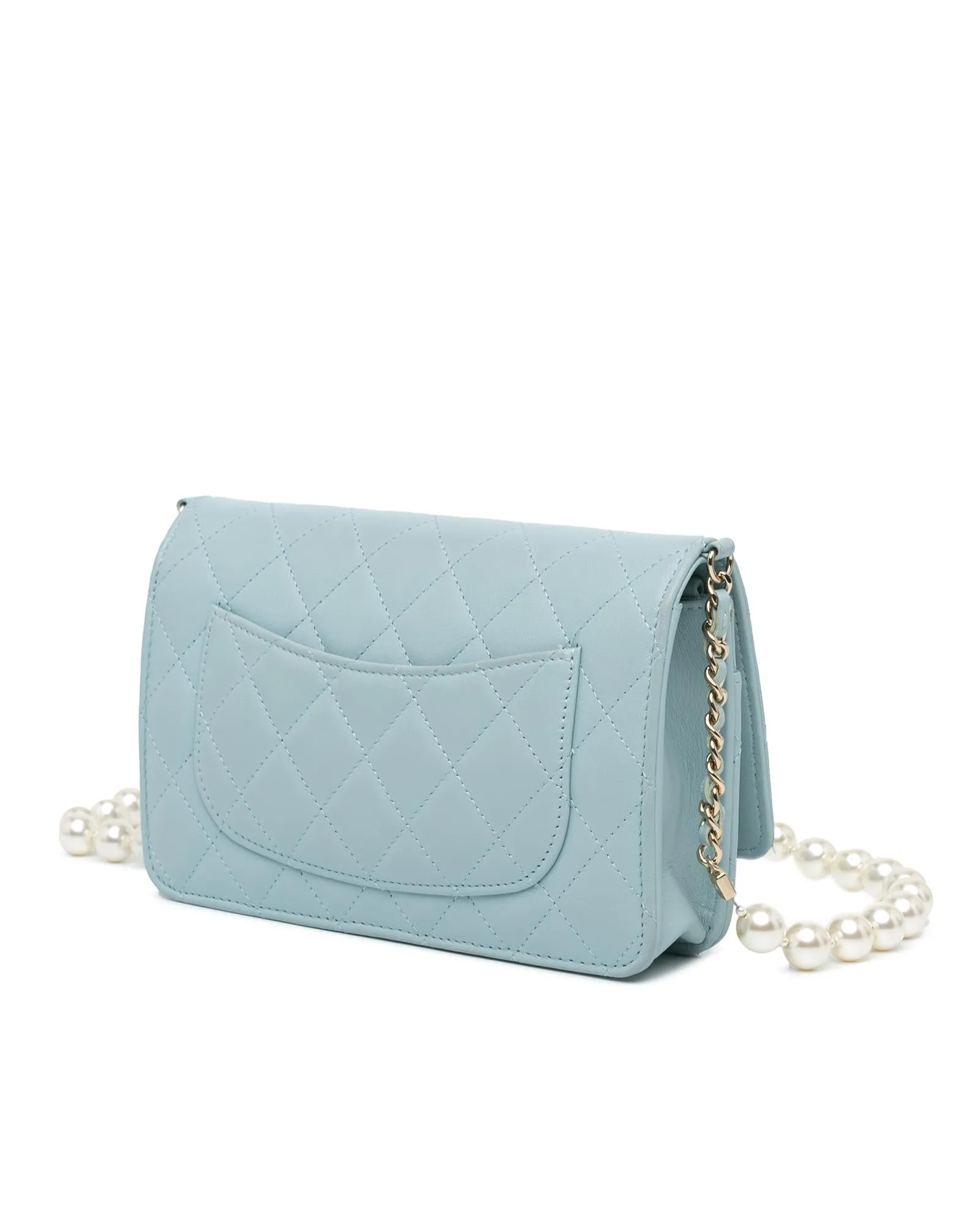 Lambskin Quilted Wallet on Chain with Pearl Strap and Magnetic Closure