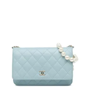 Lambskin Quilted Wallet on Chain with Pearl Strap and Magnetic Closure