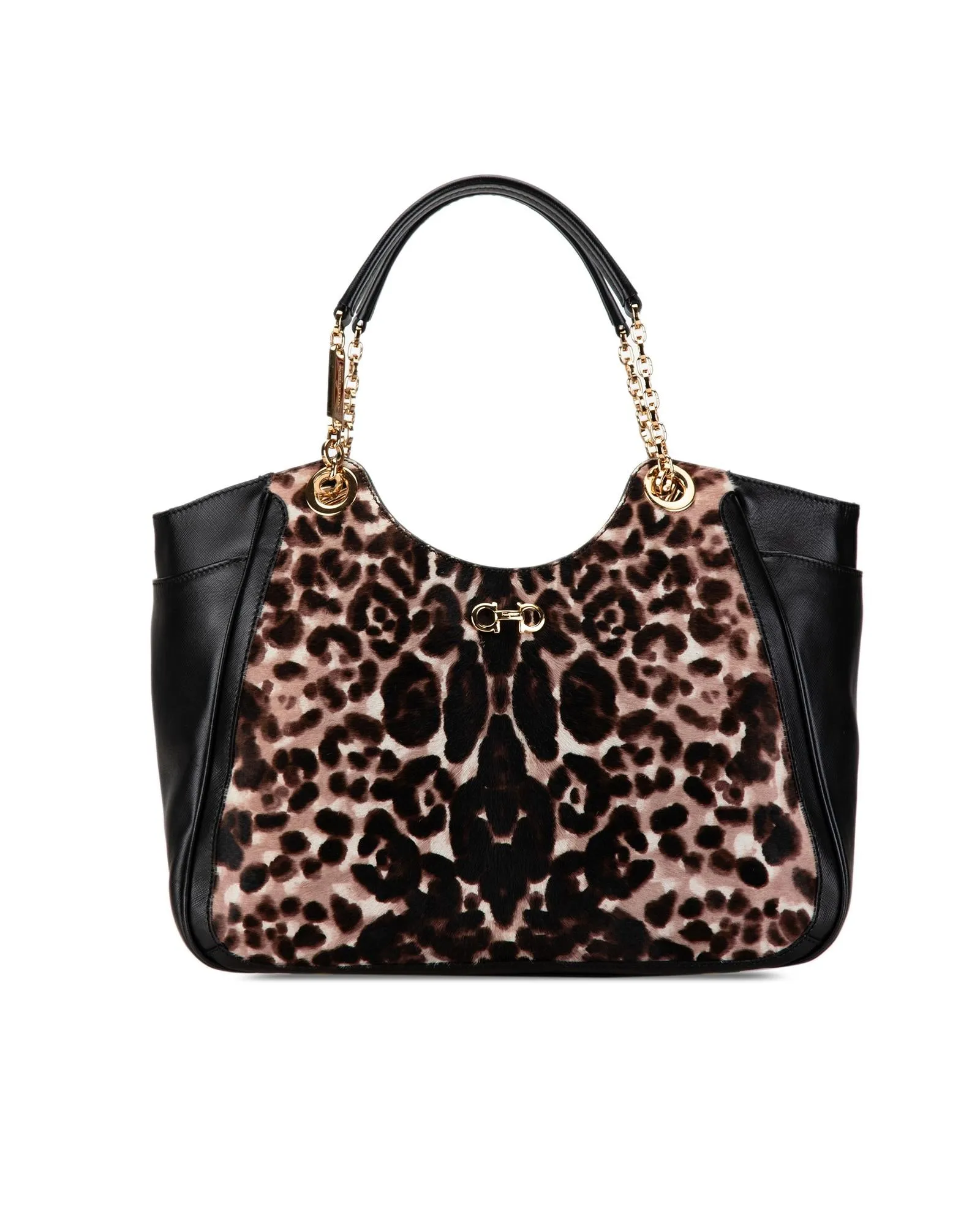 Leopard Print Pony Hair Tote with Leather Trim and Chain Handles