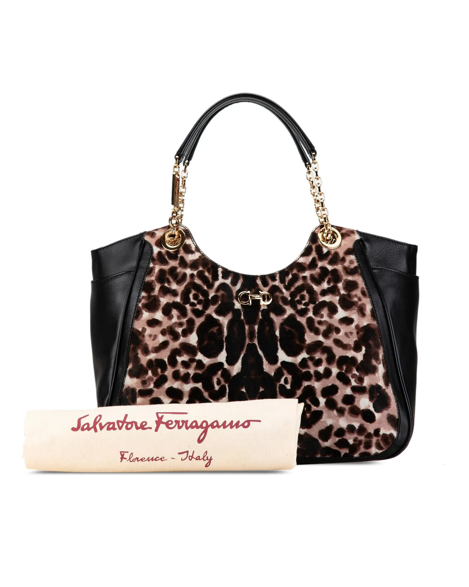 Leopard Print Pony Hair Tote with Leather Trim and Chain Handles