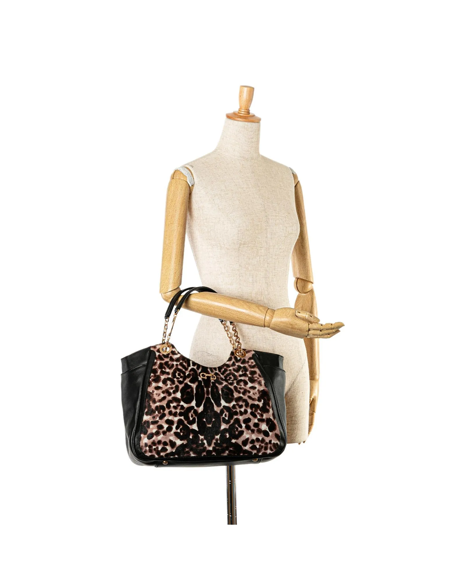 Leopard Print Pony Hair Tote with Leather Trim and Chain Handles